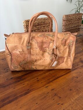 Vintage Gitano World Map Duffle Bag, 90s Geo Print Weekender, Boho Travel
